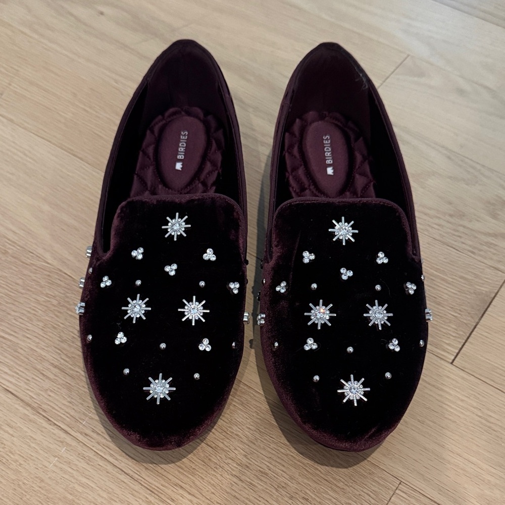 Birdies Burgundy Velvet Loafers with Star Embellishments